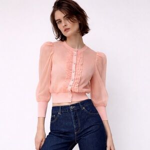Zara Organza Ruffle Blouse Puff Sleeve Jeweled Button Peach Romantic Top